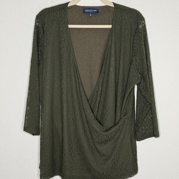 NWOT Jones NY Signature Woman Blouse sz 2X Trendy Olive Green Dressy Lacey - Picture 1 of 12